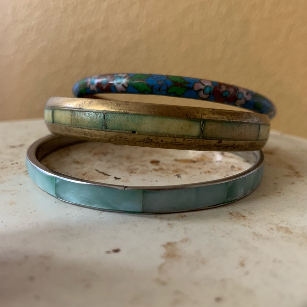 Enamel, Blue Mothers-of-Pearl, and Brass Bangle Bracelets